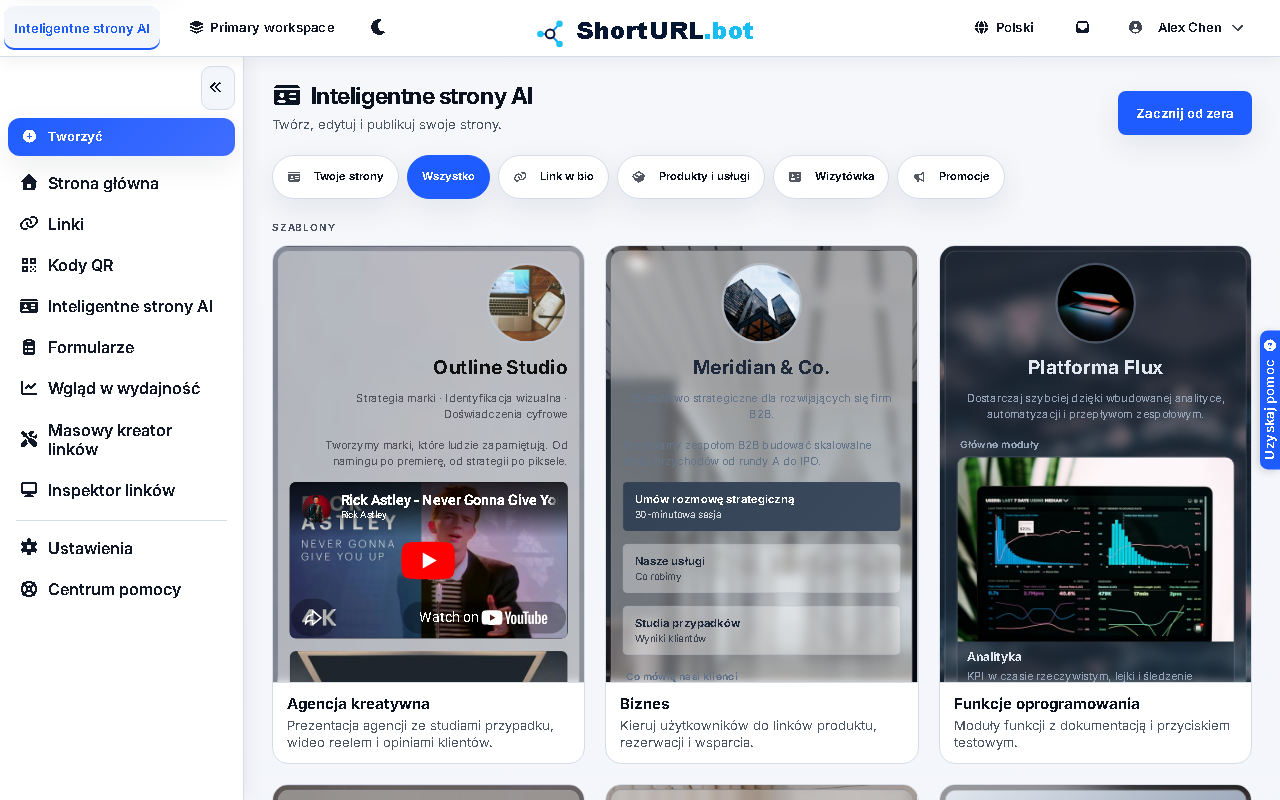 Obszar AI Smart Pages z szablonami i kontrolkami tworzenia stron
