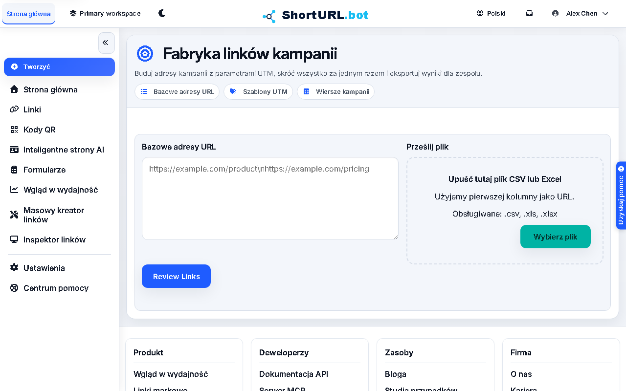 Campaign Link Factory workspace showing base URL input, UTM template controls, preview rows, and campaign link creation actions