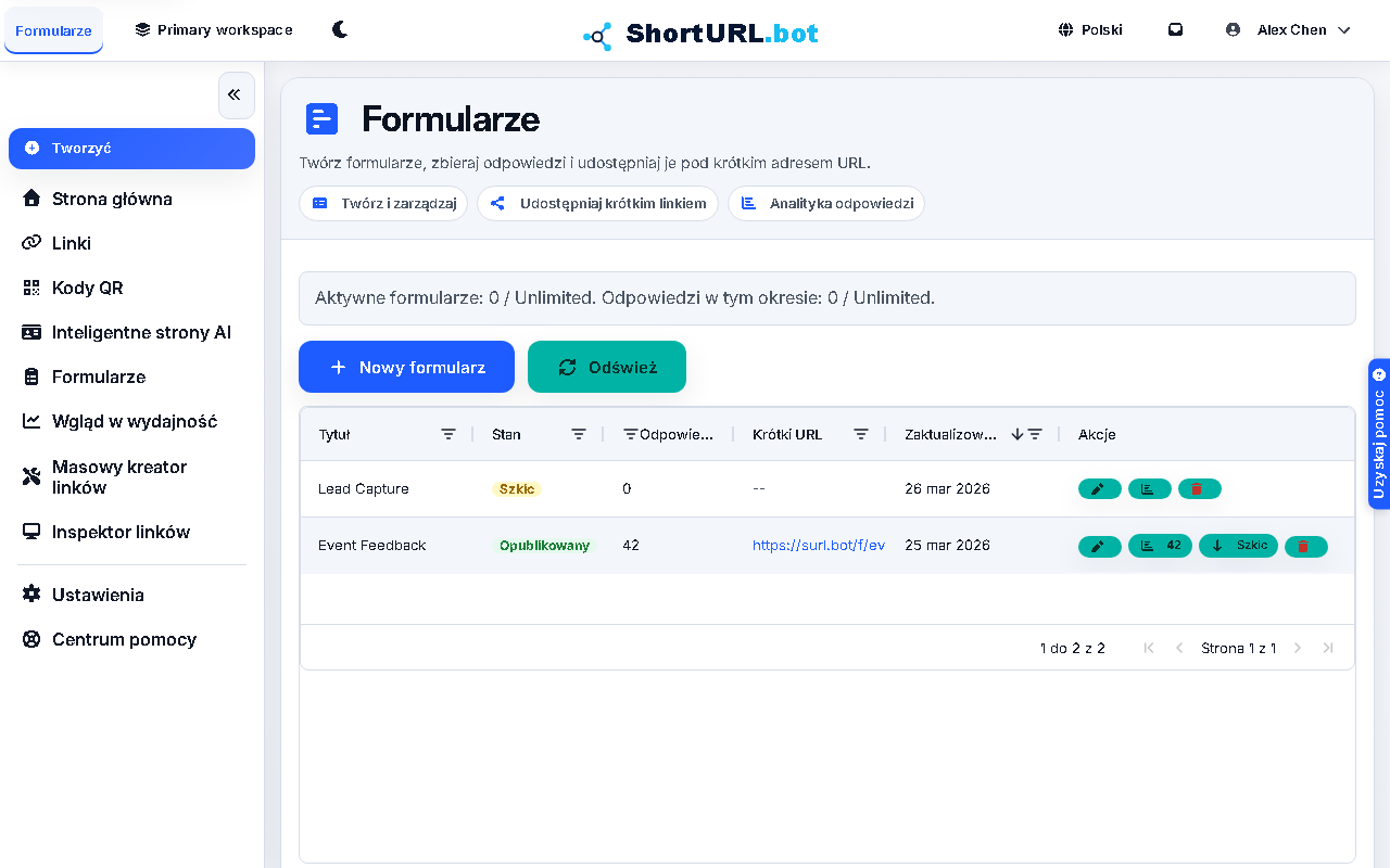 Forms workspace showing published and draft forms with response counts, short links, status controls, and form actions