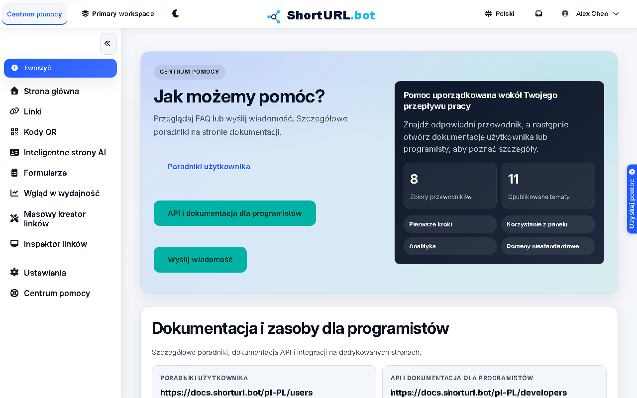 Help Center z linkami do dokumentacji i formularzem kontaktu z supportem