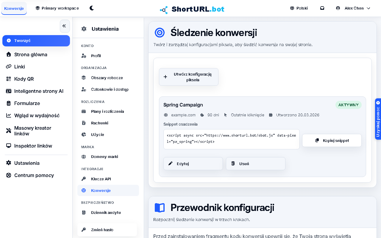 Conversion tracking settings page showing pixel configuration, setup steps, and the sbot.js install snippet