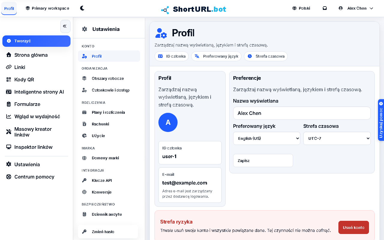Profile settings page showing account identity, display name, language, timezone, password, and account deletion controls