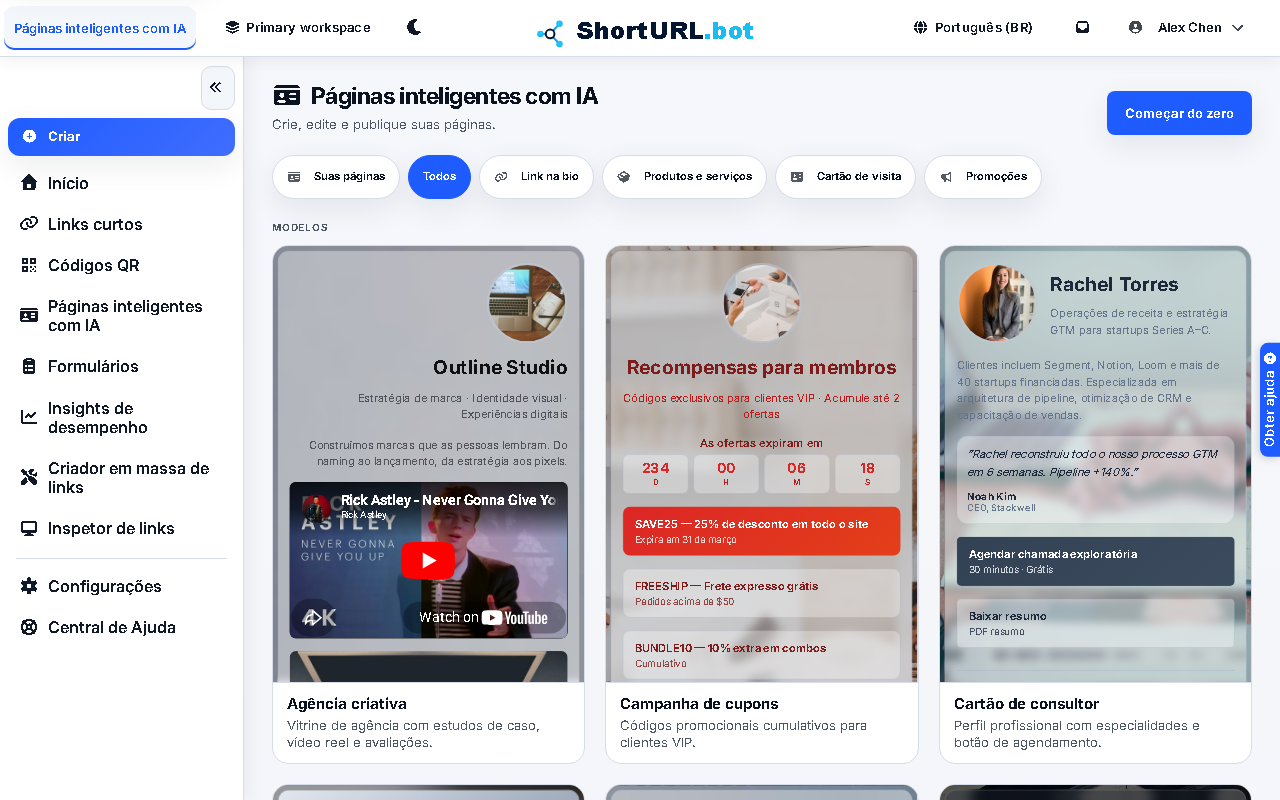 Espaco AI Smart Pages com modelos e controles de criacao de pagina