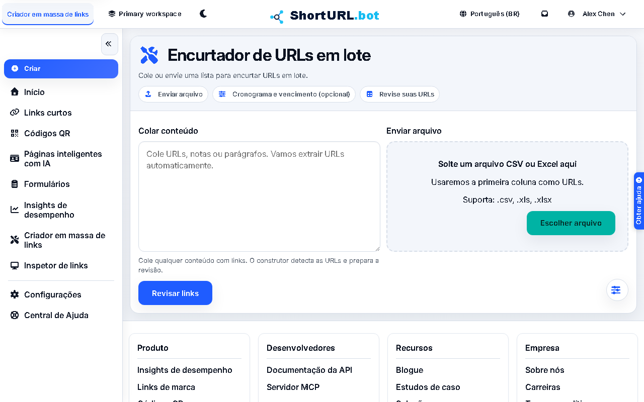 Captura de tela do Construtor de Links em Massa