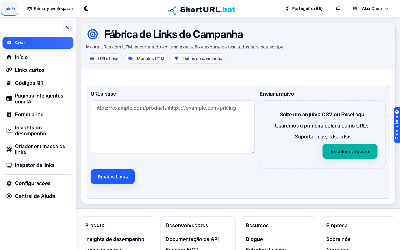 Campaign Link Factory workspace showing base URL input, UTM template controls, preview rows, and campaign link creation actions