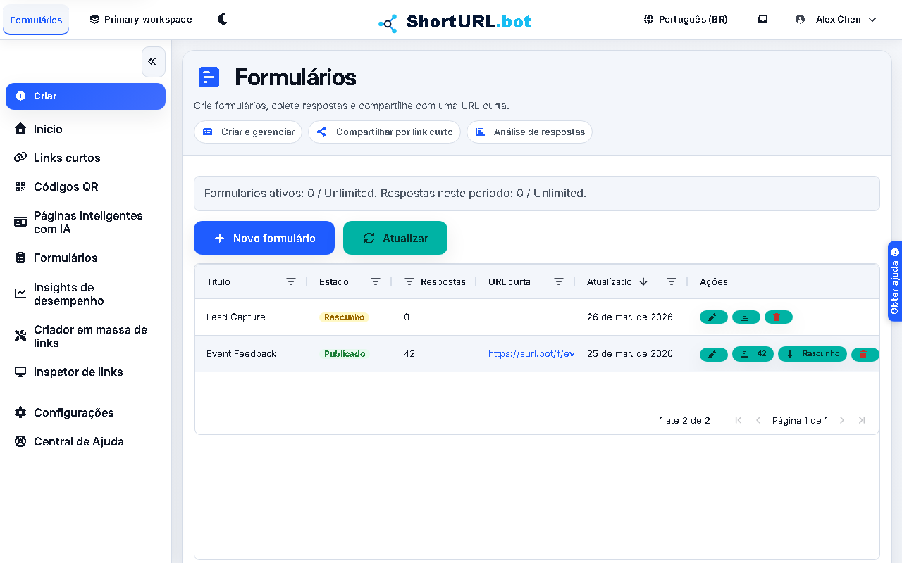 Forms workspace showing published and draft forms with response counts, short links, status controls, and form actions