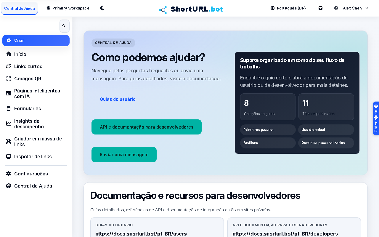 Help Center com links de documentacao e formulario para contato com suporte