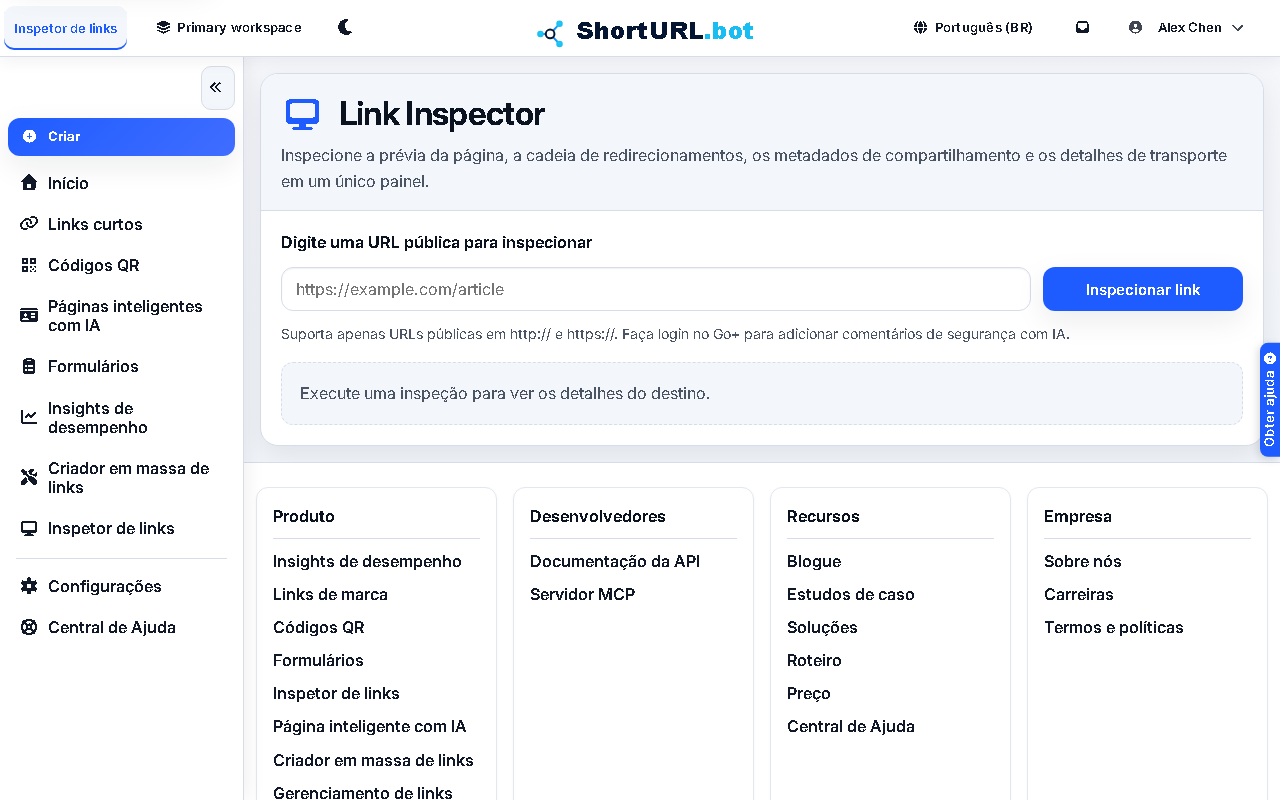 Captura de tela do Inspetor de Links