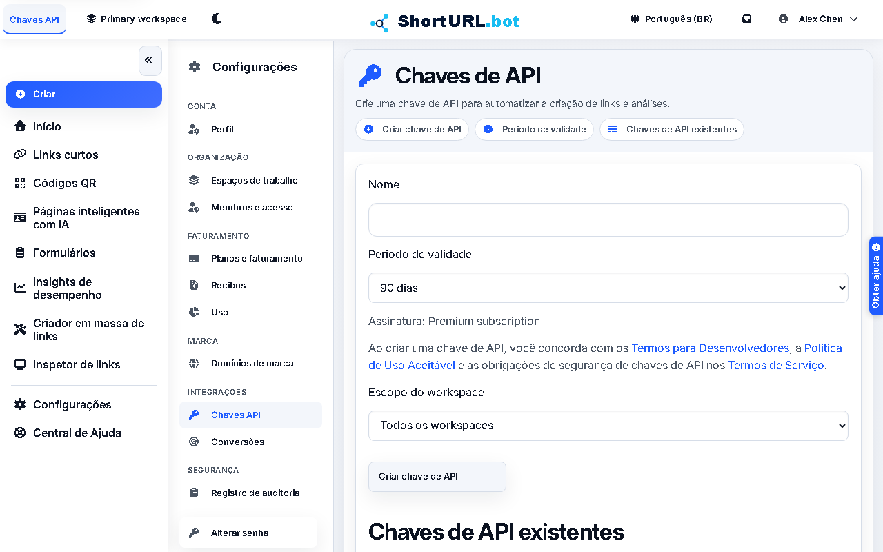 Captura de tela de Chaves de API
