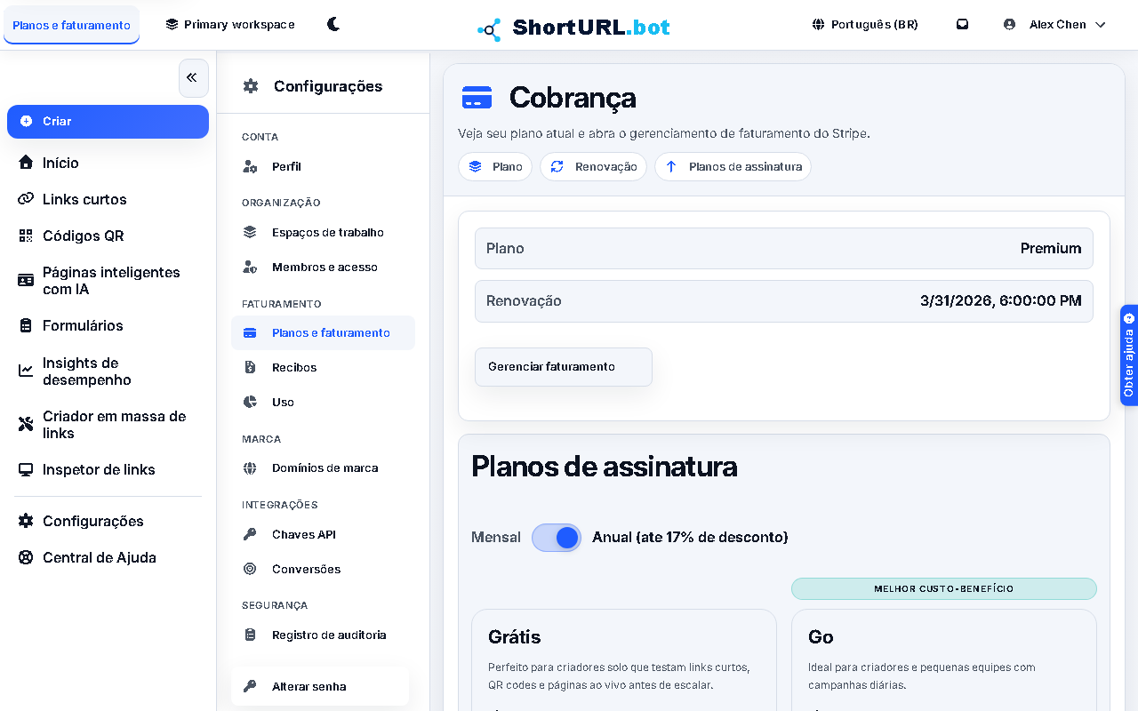 Página de configurações de planos e faturamento mostrando o nível de assinatura atual, data de renovação e opções de atualização com comparações de recursos