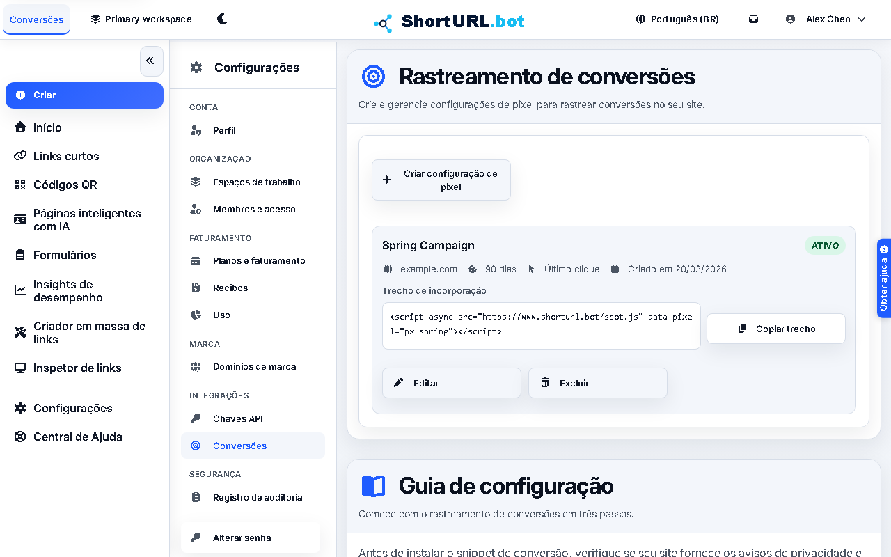 Conversion tracking settings page showing pixel configuration, setup steps, and the sbot.js install snippet