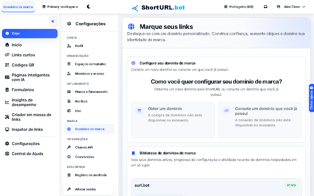 Página de configurações mostrando domínios personalizados conectados com emblemas de status de verificação DNS e opções para adicionar ou remover domínios de marca