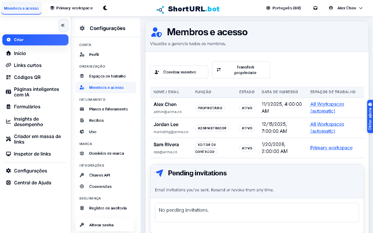 Members and Access settings page listing team members, roles, workspace access, and invitation controls