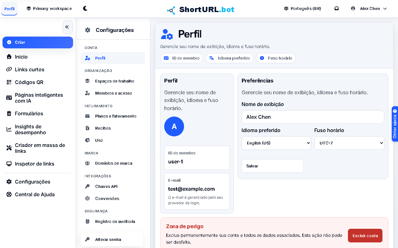 Profile settings page showing account identity, display name, language, timezone, password, and account deletion controls