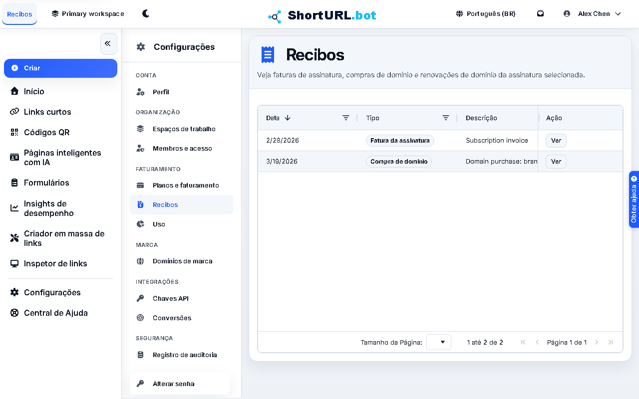 Tabela de recibos de faturamento com faturas e registros de compra de dominio