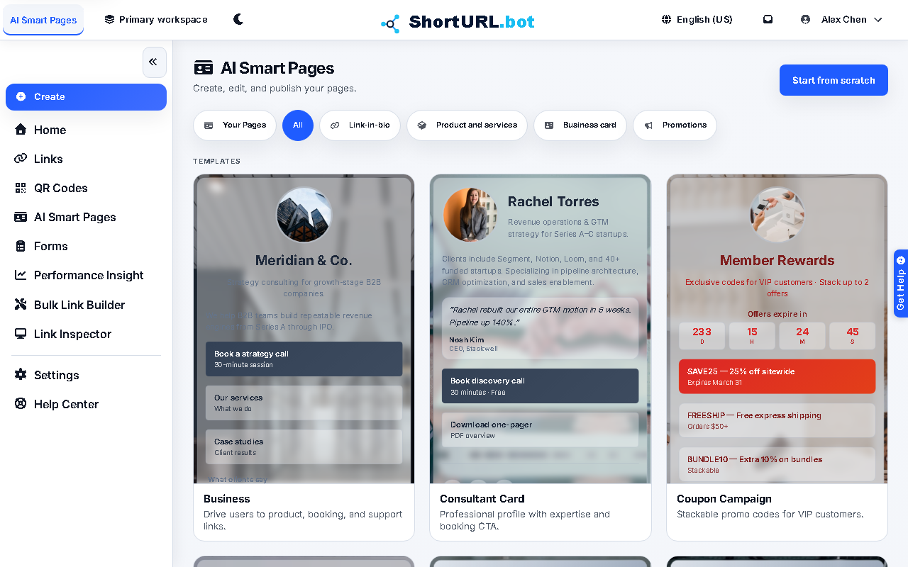 AI Smart Pages workspace showing page templates and controls for creating a profile-style landing page