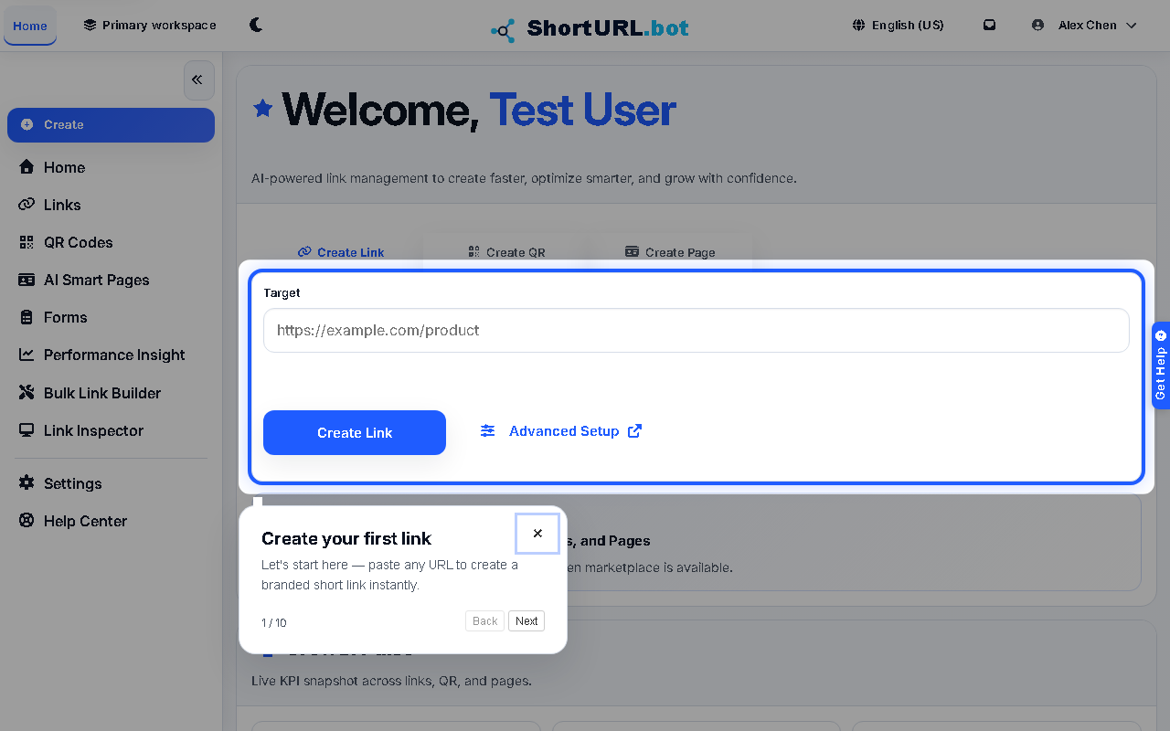 App Home showing workspace performance cards, top links, top QR codes, and the quick create form