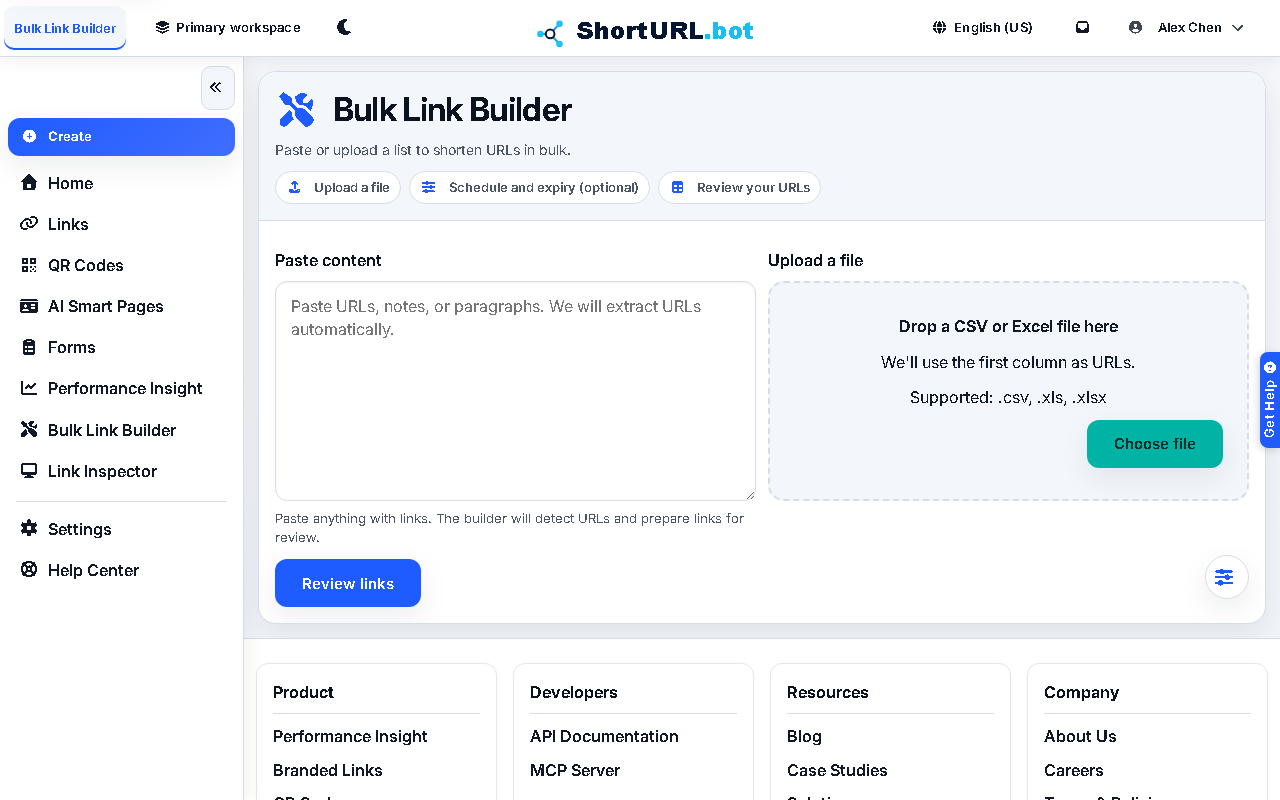 Bulk Link Builder showing a multi-row input area for pasting destination URLs, shared default settings, and a batch creation button