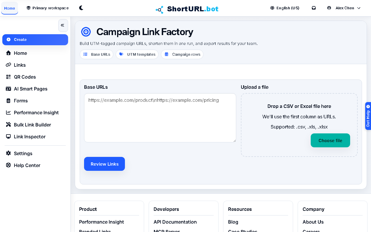 Campaign Link Factory workspace showing base URL input, UTM template controls, preview rows, and campaign link creation actions