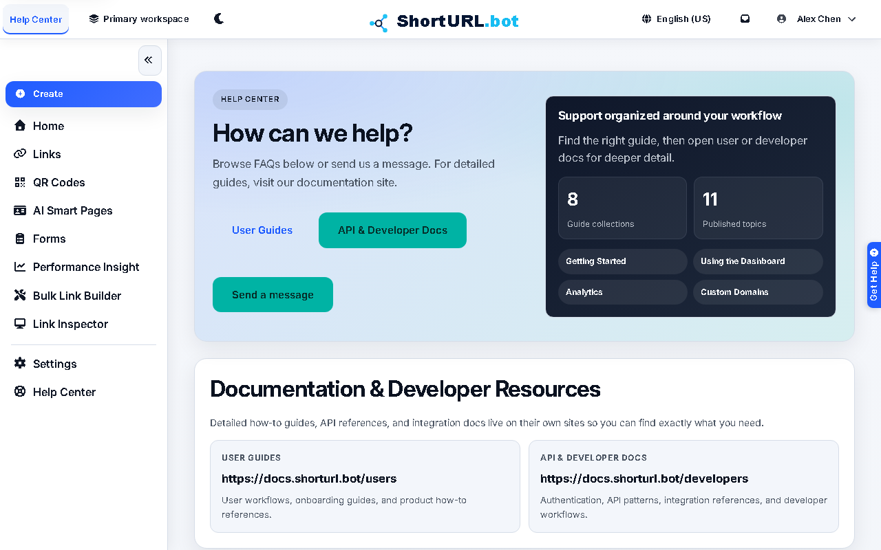 Help Center page showing product help article cards, user docs and developer docs links, and a contact support form
