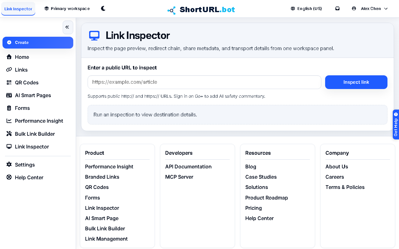 Link Inspector showing the destination URL input field, resolved redirect chain, page preview, and share metadata for a submitted link
