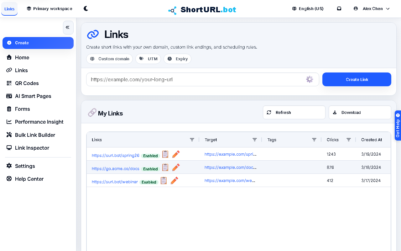 The Links page showing a list of shortened URLs with click counts, creation dates, and action buttons for editing or disabling each link