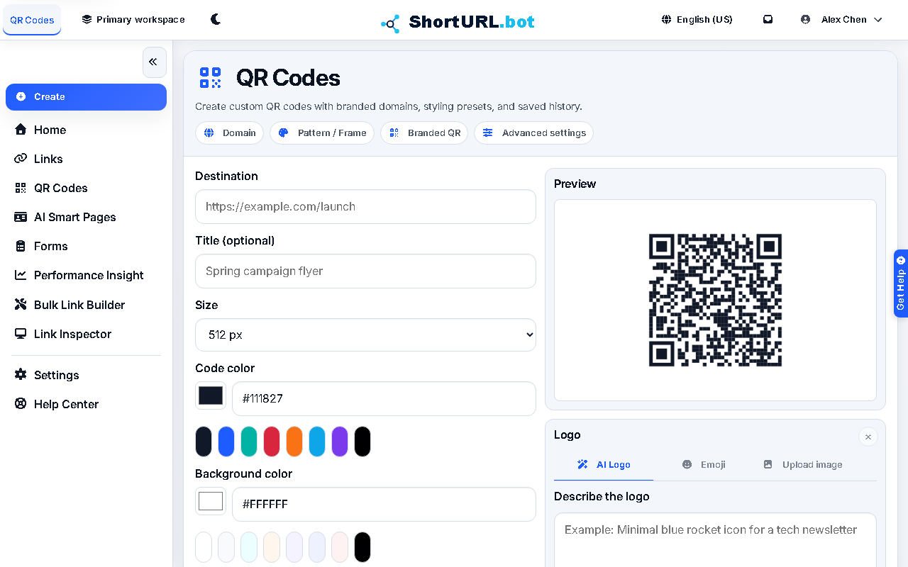 QR code workspace with destination input, domain selector, styling controls for colors and patterns, and a live preview of the generated QR code