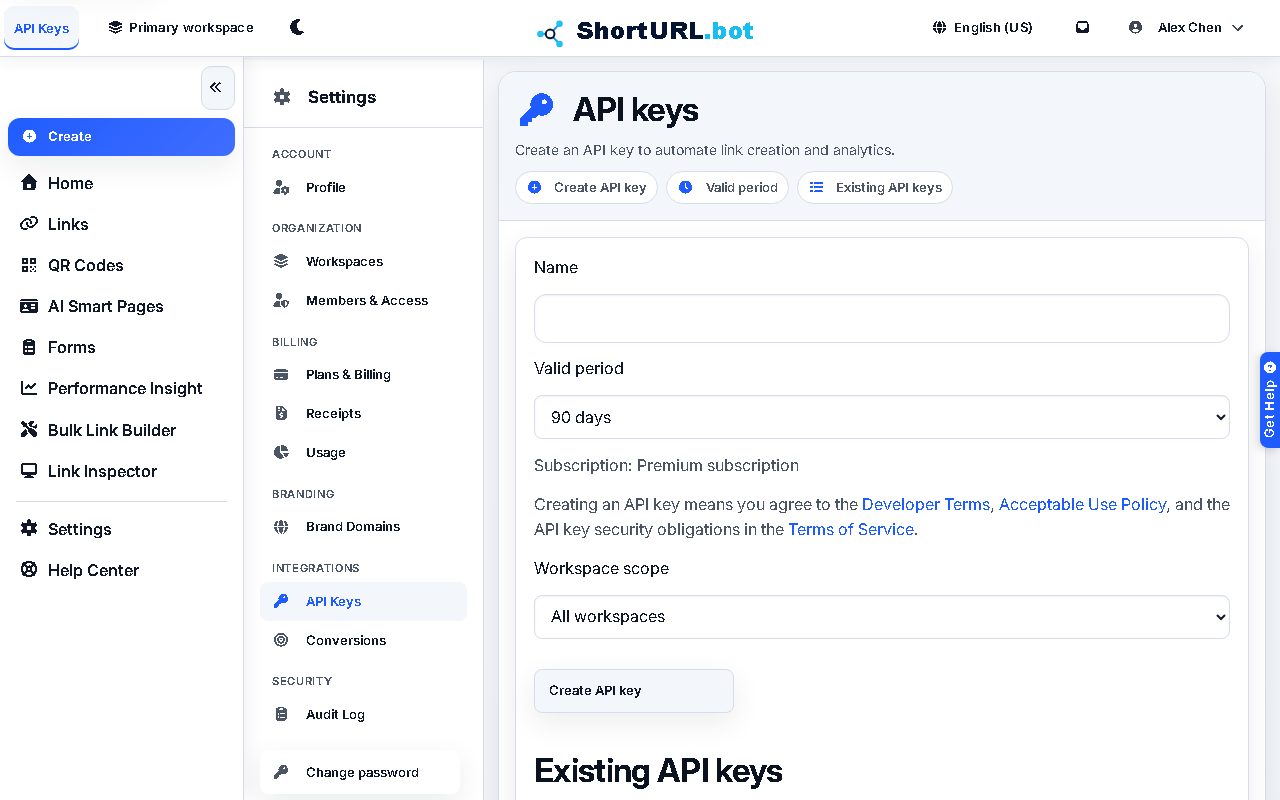API Keys settings page listing active keys with creation dates, expiration status, and controls to create or revoke keys