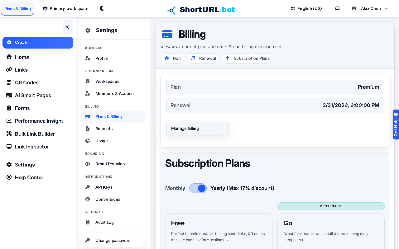 Plans and Billing settings page showing the current subscription tier, renewal date, and upgrade options with feature comparisons
