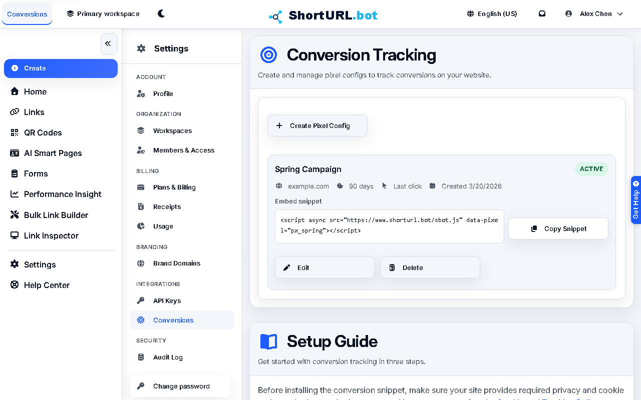 Conversion tracking settings page showing pixel configuration, setup steps, and the sbot.js install snippet