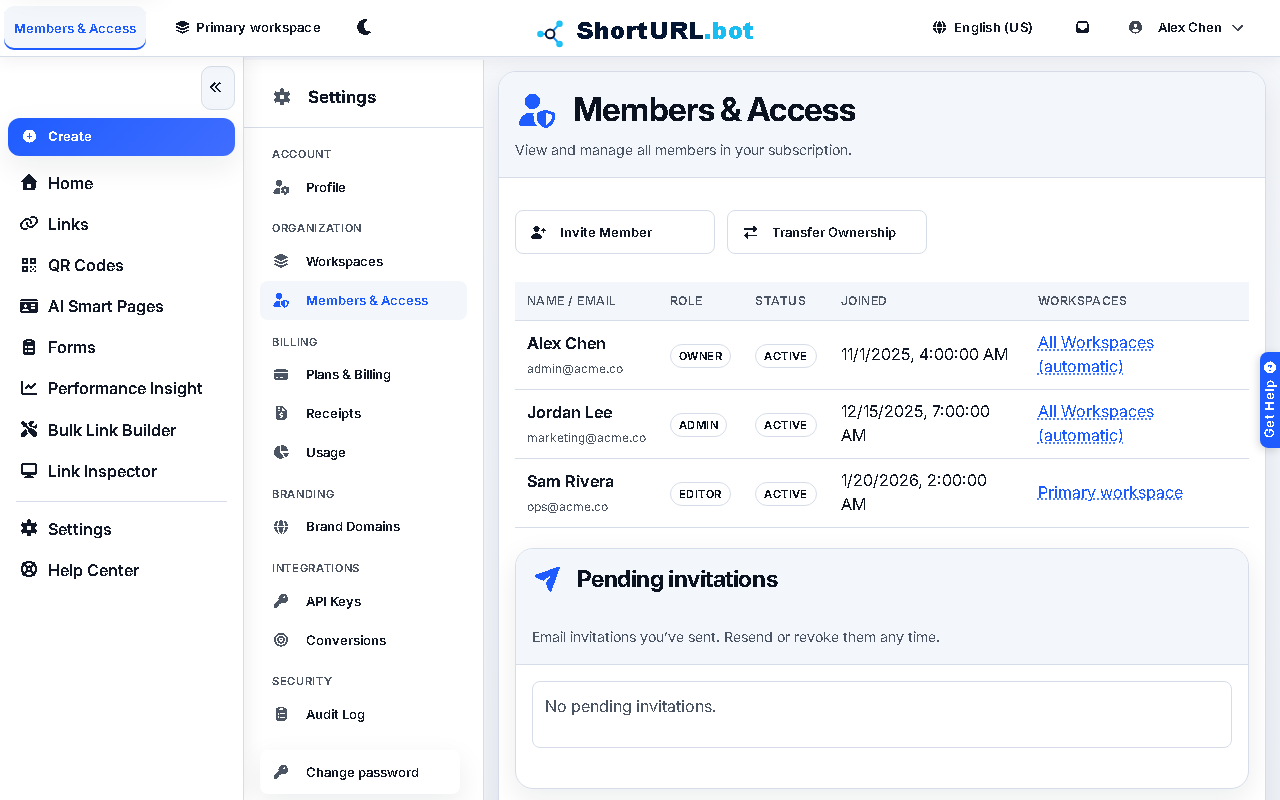 Members and Access settings page listing team members, roles, workspace access, and invitation controls