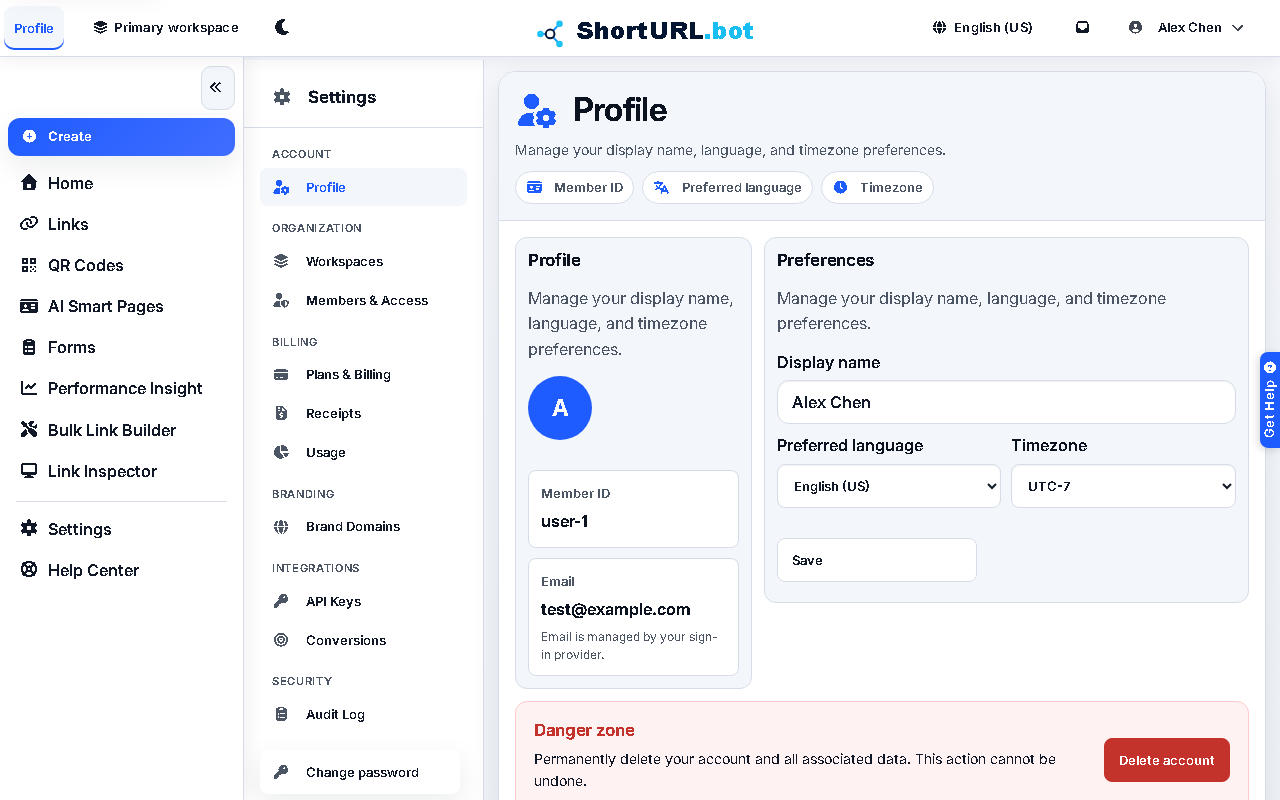 Profile settings page showing account identity, display name, language, timezone, password, and account deletion controls
