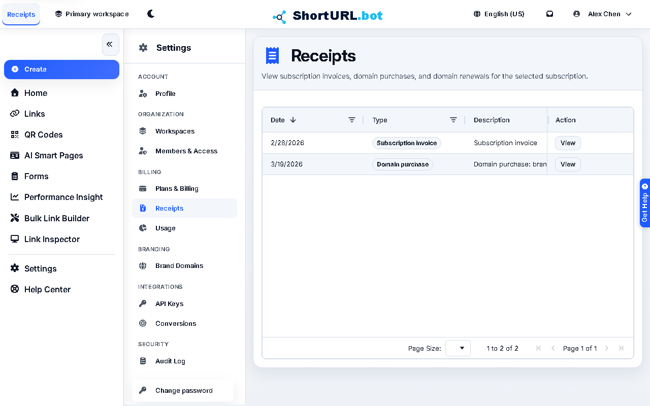 Receipts settings page showing subscription invoices and domain purchase records with amount, date, reference, and document links