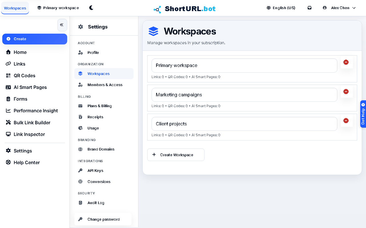 Workspaces settings page listing workspace names, member counts, and role assignments with options to create or manage each workspace