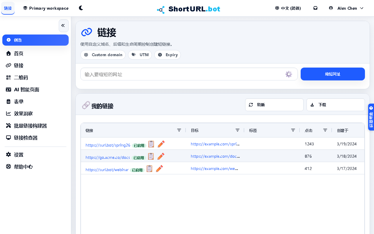 The Links page showing a list of shortened URLs with click counts, creation dates, and action buttons for editing or disabling each link